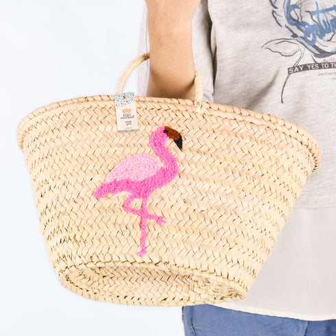 Flamingo Embroidered Basket 🦩- Tropical Handwoven Summer Tote